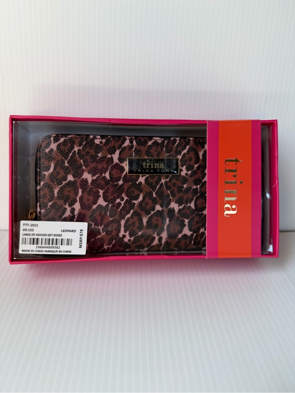 Trina Turk Leopard Print Zip Around Wallet in Pink and Brown